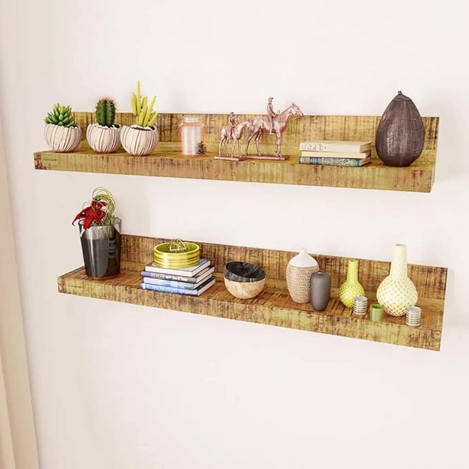 Solid Wood Wall Mounted Display Shelf 2 pcs, Mango Wood Floating Shelves for Kitchen Living Room, 44lb Weight Capacity, Easy Installation Modern Decor