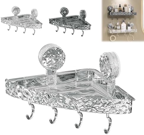 Wall-Mounted Suction Cup Storage Shelf, No Drill Bathroom Organizer, Acrylic Clear Rack with 4 Hooks, Light Luxury Glacier Pattern, Corrugated Design for Easy Storage