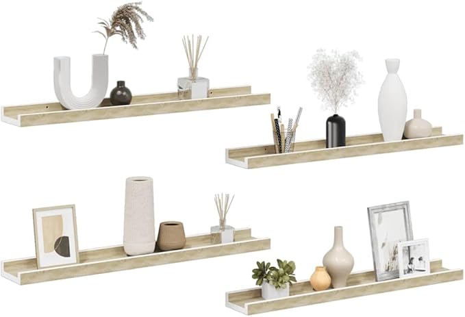 Wall Shelf Set of 4, 23.6 Inch Floating Shelves for Wall Decor, Modern MDF Display Ledges for Bedroom, Living Room, and Office, White and Sonoma Oak