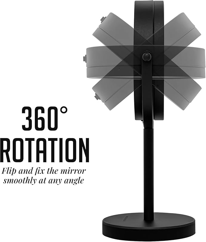 OVENTE 6" Lighted Makeup Mirror with 1X/7X Magnification, Cordless Tabletop Mount Vanity Round Mirror with 360° Swivel Design and Double Sided Cool Tone LED Ring Light, Matte Black MLT60B1X7X