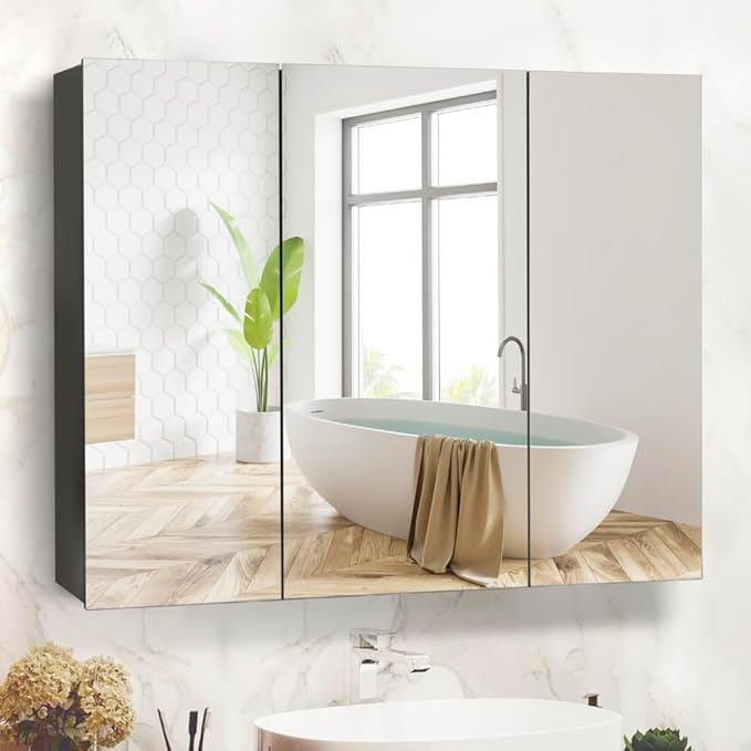 Movo 40 Inch x 28 Inch Black Bathroom Mirror Medicine Cabinet, Frameless Large Wall Mount Medicine Cabinet with 3 Doors,Rmovable Shelves