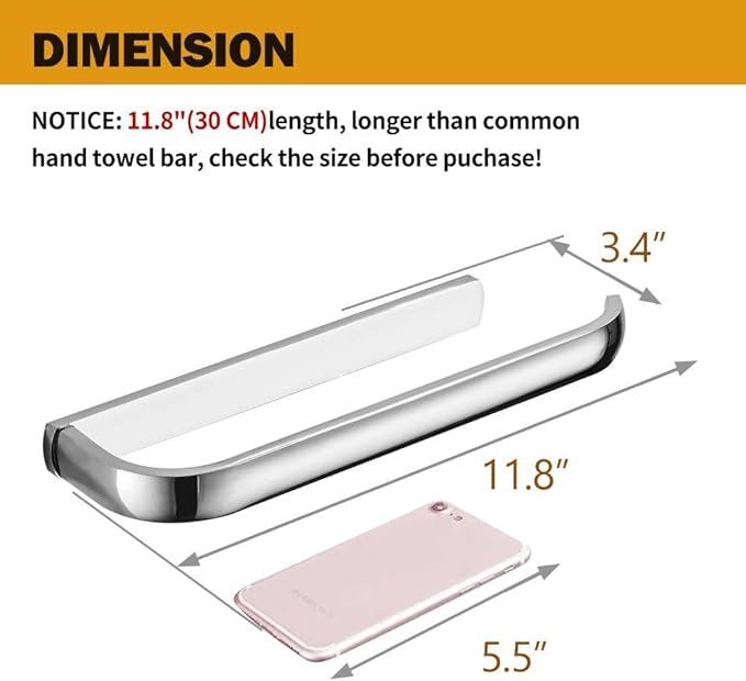 BESy Brass Hand Towel Bar for Bathroom Polished Chrome Bathroom Accessories Fixtures, Rustproof Wall Mounted Towel Rack Hanger, 12 Inch