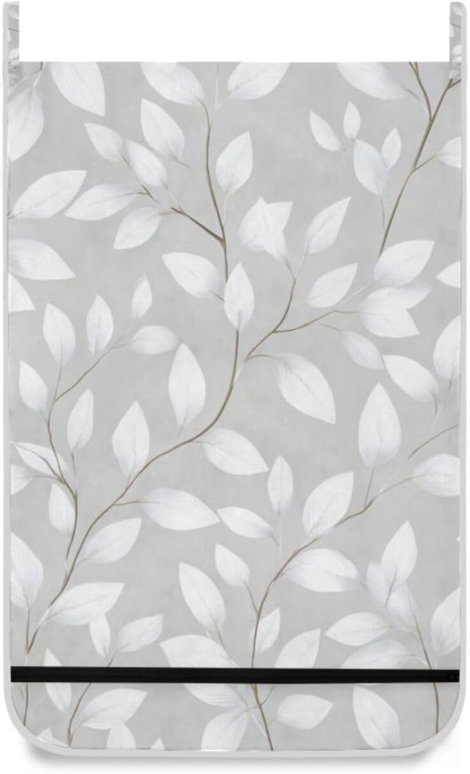 Grey Simple Leaves Hanging Laundry Hamper Door Hampers Bag Basket with Stainless Steel Hooks Oxford Fabric Printing Decorative Clothes Bags 29.5X20inch 1Pack