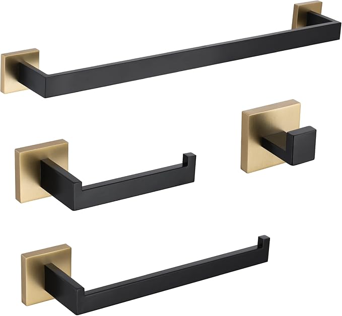 TURS 4-Piece Bathroom Hardware Set Black and Brushed Gold Towel Bar Holder Set Stainless Steel Bathroom Accessory Set Wall Mounted