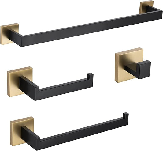 TURS 4-Piece Bathroom Hardware Set Black and Brushed Gold Towel Bar Holder Set Stainless Steel Bathroom Accessory Set Wall Mounted