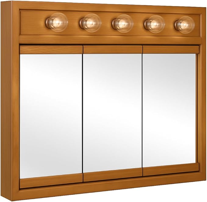 Design House Richland Medicine Cabinet with 5 Lights, Fully Assembled, Wall Mounted, 3 Mirrored Doors, Wood Frame, Oak Finish, 36 in x 5 in x 30 in, 530618-NOK