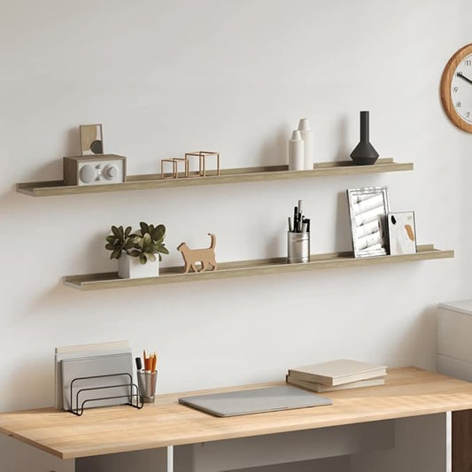 Wall Shelf Set of 2 Floating Shelves, 45.3 Inch Modern Display Shelving for Bedroom and Living Room, White and Sonoma Oak MDF Storage Ledge