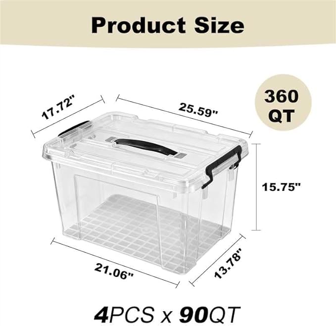 4 Pack 90 Qt Clear Large Storage Bins with Lids, Stackable Plastic Organizer for Home, Office, Garage, BPA-Free, Heavy-Duty, See-Through Containers with Secure Latches & Handles