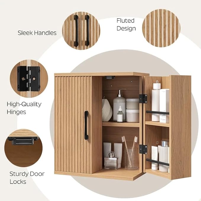 YATINEY Bathroom Wall Cabinet, Medicine Cabinet Wall Mounted, Over The Toilet Storage Cabinet, Fluted Cabinet with 2 Doors, for Bathroom, Kitchen, Laundry Room, Natural
