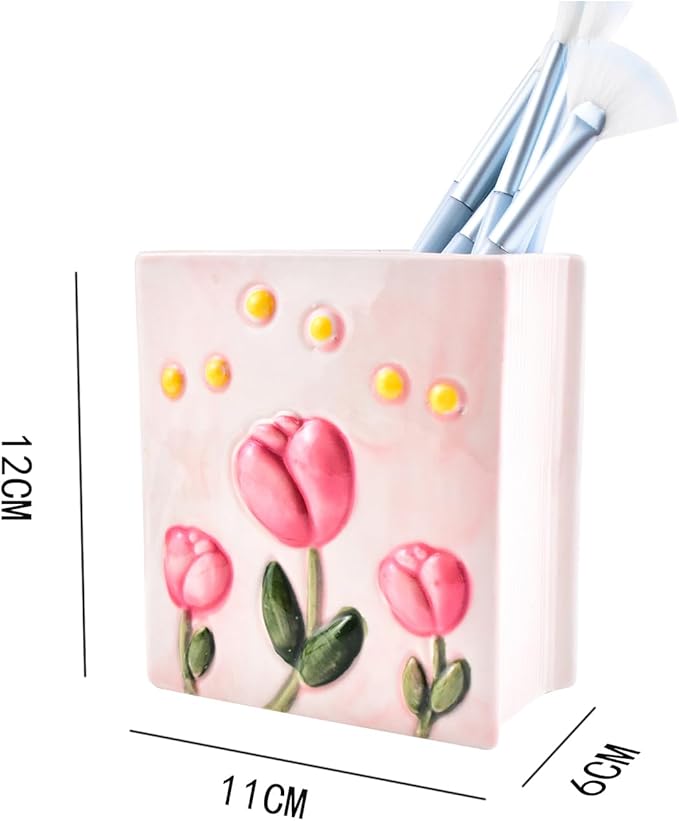 Ceramic Book Shaped Tulip Pattern Cosmetic Storage Box, Desktop Organizers Make Up Brush Storage Stand Desktop Storage Box for Brush,Pencil,Art Supplies, Painting Brush (Pink)