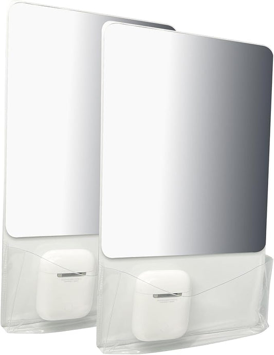 Magnetic Locker Mirror with Fully Magnetic Back, 9.45" x 5.51" Small Real Glass Super Clear Reflection Mirror with Storage Pocket for School Locker Refrigerator Office Cabinet -White, 2 Pcs