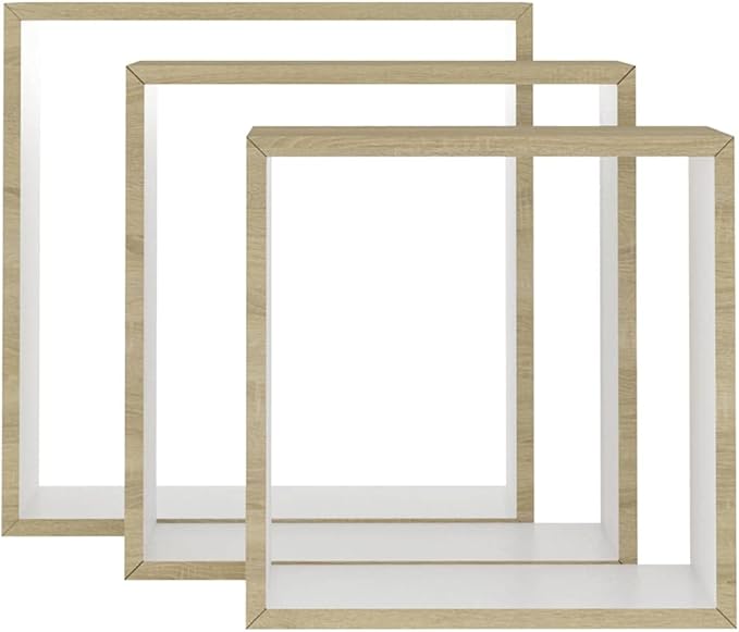 Wall Cube Shelves 3 pcs White and Sonoma Oak Modern Floating Shelves Set for Living Room Bedroom Decor with Invisible Mounting System Storage Display Organizer