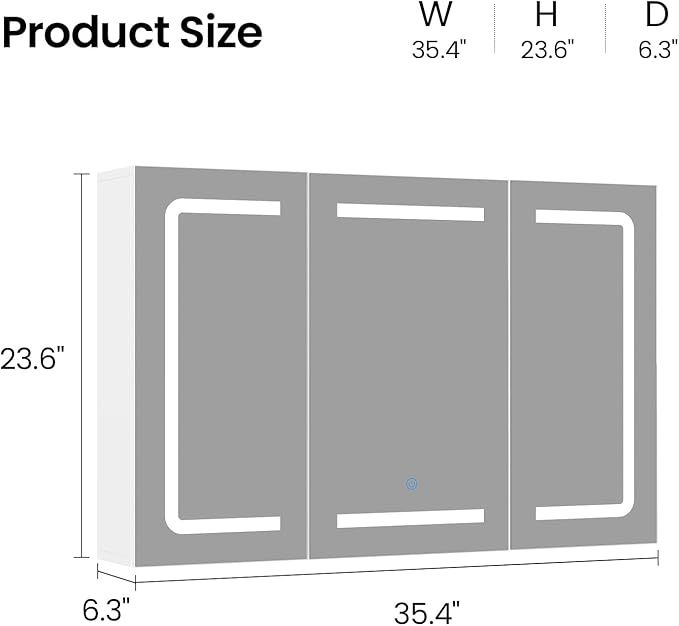 Hasuit Medicine Cabinet Organizer with Mirror, Lighted Bathroom Medicine Cabinet with Storage, 3 Doors Bathroom Wall Cabinet with LED Lights, Adjustable Shelves & Outlets, 35.4'' x 23.6'', White