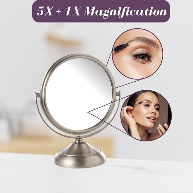 Small Tabletop Magnifying Mirror - 5.5” Diameter Mirror with 5X-1X Magnification - Nickel Finish - Model MC247N