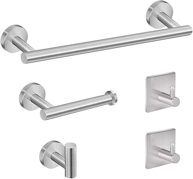 5-Pieces Bathroom Hardware Set, SUS304 Stainless Steel Towel Rack Set, 16" Hand Towel Rack, Toilet Paper Rack, 3 Bathrobe Towel Hooks, Bathroom Accessories, Towel Rack Set(Brushed Nickel)