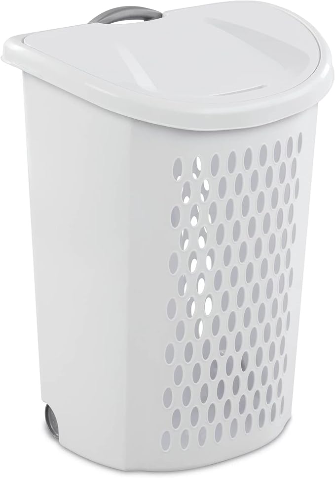 Ultra Wheeled Design Clothes Laundry Basket, Mind Reader Basket Collection，135 Liter （20 1/8" x 15 3/8" x 26 3/4"）Capacity, Laundry Hamper White Lid & Base w/Plastic Handle & Wheels,1-Pack