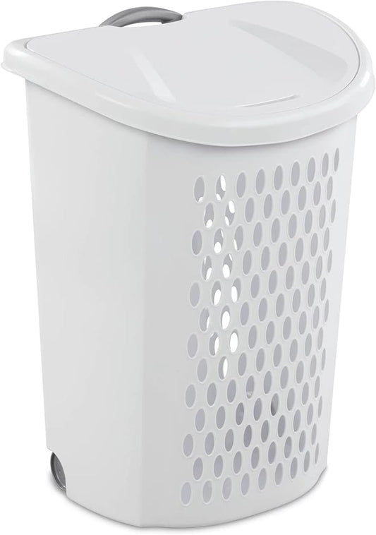 Ultra Wheeled Design Clothes Laundry Basket, Mind Reader Basket Collection，135 Liter （20 1/8" x 15 3/8" x 26 3/4"）Capacity, Laundry Hamper White Lid & Base w/Plastic Handle & Wheels,1-Pack