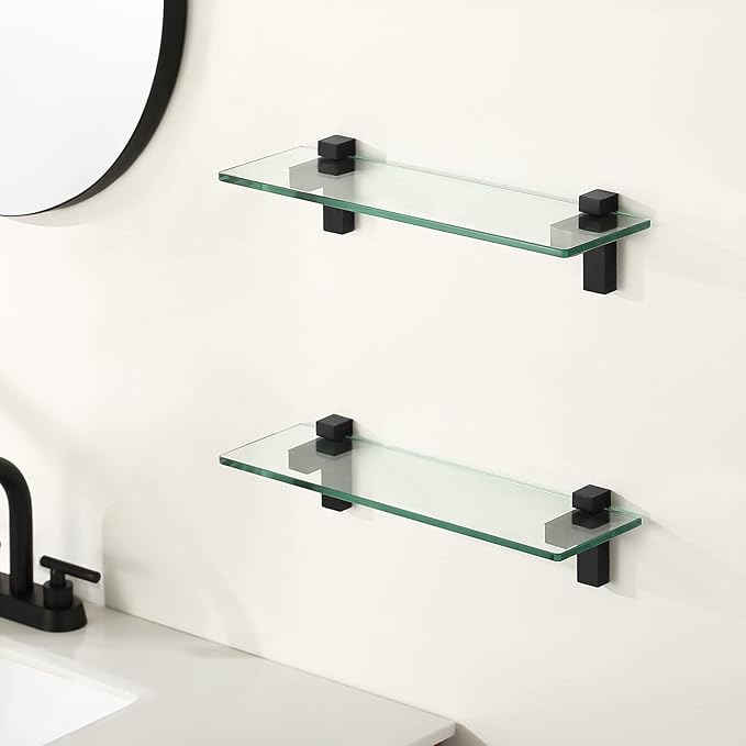 KES Glass Shelves for Bathroom 2 Pack, 16 Inch Tempered Glass Floating Shelves Wall Mount Matte Black, BGS3201S40-BK-P2