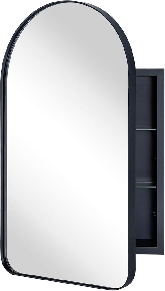 Matt Black Arched Recessed Bathroom Medicine Cabinet with Mirror Stainless Steel Metal Framed Rectangular Bathroom Cabinet with Mirror 16x28.3''