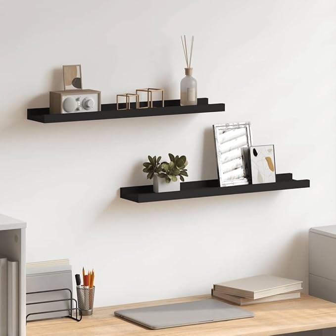 Floating Picture Frame Ledge Shelf Set of 2, 23.6 inch Wall Mounted Display Shelves for Photos, Art, and Decor, Black Modern Storage Ledges
