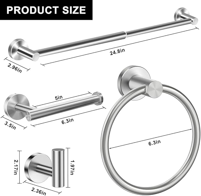MGahyi 5 Pieces Bathroom Accessories Set, Stainless Bathroom Hardware Set, Extendable Towel Racks for Bathroom(12.8-24.8inch), Robe Towel Hooks Toilet Paper Holder Towel Ring (Silver)