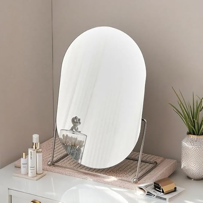 Vanity Desk Table Mirror with Stand Makeup Mirrors for Desk, Adjustable Rotation Vintage Oval Tabletop Silver Make Up Bathroom Mirror for Women