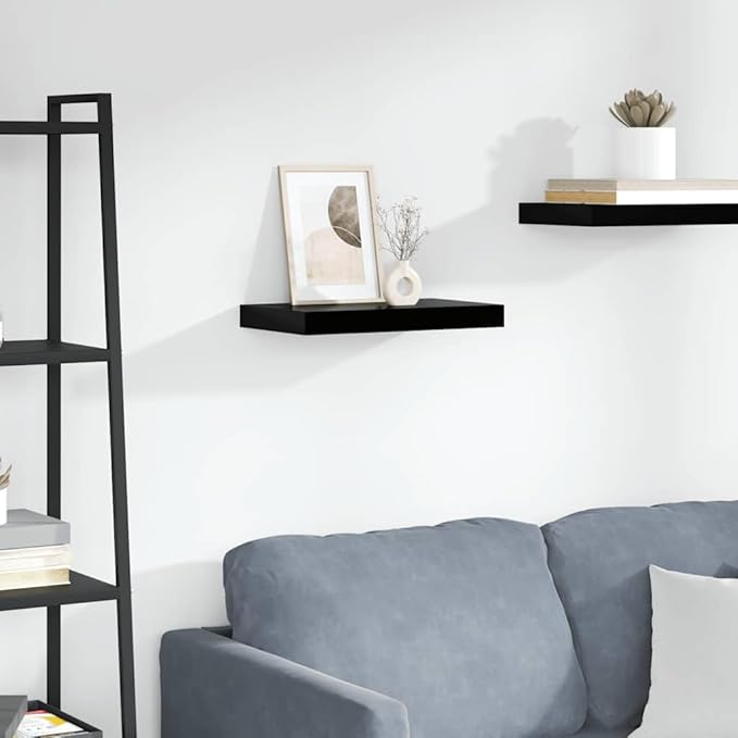 Floating Wall Shelf, Modern High Gloss Black Decorative Shelf for Living Room, Bedroom, and Office, Rectangular MDF Wall Mount Display Shelf for Books and Collectibles, 15.7 inch
