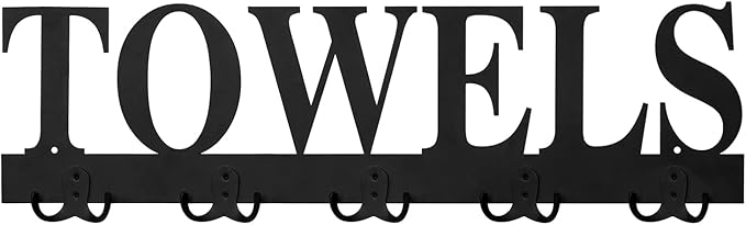 MyGift Towel Rack for Bathroom, Wall Mounted Bath Towel Holder with 5 Dual Hooks, Kitchen Laundry Hand Towel Hanger, Black Metal with Decorative Towel Cutout Design