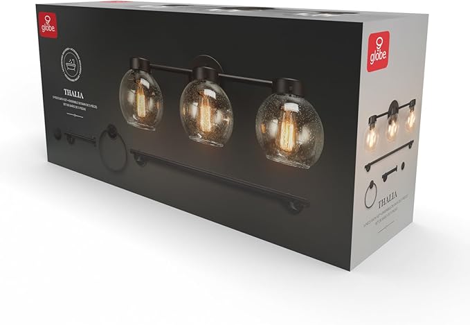 Globe Electric 63000202 5-Piece All-in-One Bathroom Accessory Set with 24" 3-Light Vanity Light, Dark Bronze, Seeded Glass Shades, Towel Bar, Robe Hook, Toilet Paper Holder, Towel Ring, Powder Room