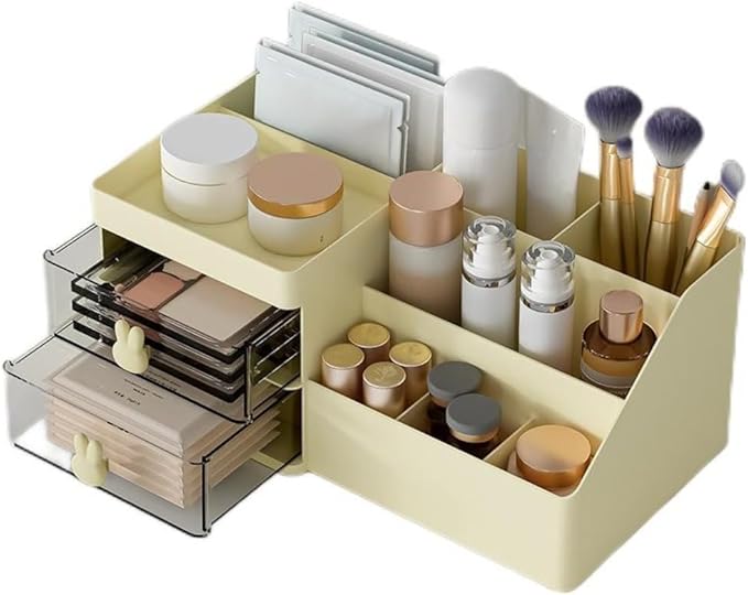 Romantic LOVE Makeup Organizer with Drawers Large Capacity Countertop Organizer for Vanity Bathroom and Bedroom Desk Cosmetics Organizer (Yellow)