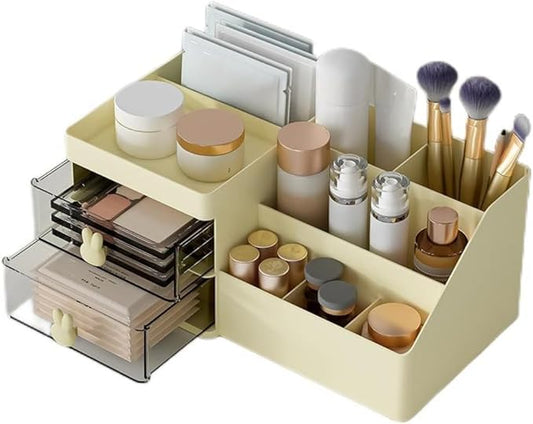 Romantic LOVE Makeup Organizer with Drawers Large Capacity Countertop Organizer for Vanity Bathroom and Bedroom Desk Cosmetics Organizer (Yellow)
