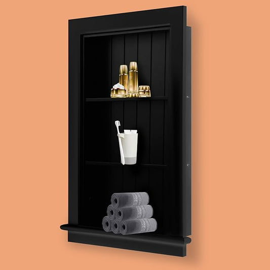 14 x 24 Medicine Cabinet Recessed, Wall Niche, Bathroom Wall Cabinet, 3-Tier, Between Studs Shelving for Drywall, Black