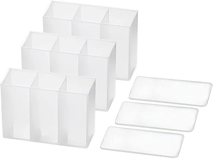3PCS Mini Wall Mount Storage Box, 3 Compartment Transparent Plastic Makeup Brush Lipstick Holder Self-Adhesive Pen Holder Makeup Organizer for Home Office