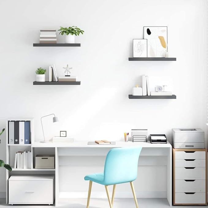 Set of 4 Floating Wall Shelves, Modern High Gloss Grey MDF Decorative Display Ledges for Bedroom, Living Room and Office, 23.6 Inch Rectangular Storage Racks