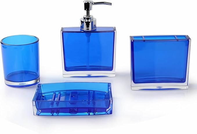 Bathroom Accessories Set, Acrylic Bathroom Accessory Set with Soap Dispenser,Soap Dish, Toothbrush Holder, Tumbler, Modern Bathroom Accessories Decor,Gift for Home (Blue-4)