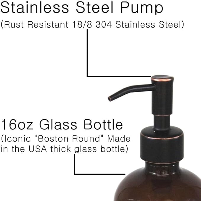Amber Glass Jar Soap Dispenser with ORB Pump,16oz Round Bottle Dispenser with Stainless Steel Pump, Bathroom Soap Dispenser Set for Home Decor, Farmhouse & Kitchen Decor (ORB)