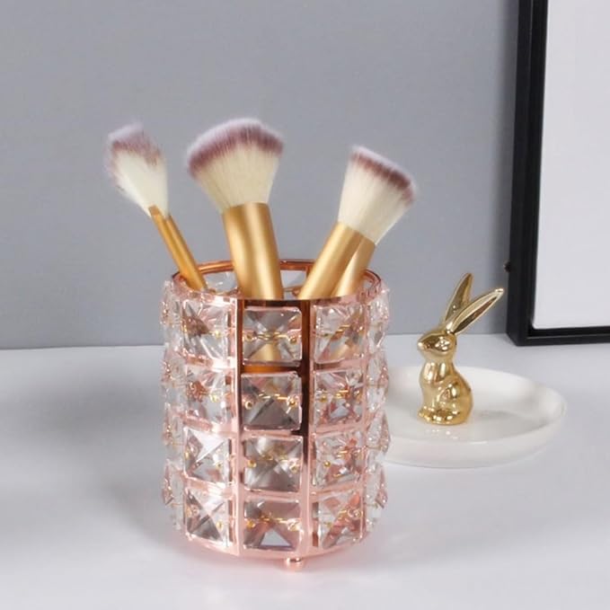 AKOAK 1 Pack Crystal Makeup Brush Holder Office Supplies Storage Rack Eyebrow Pencil/Lipstick/Pencil Makeup Container, Dressing Table, Bedroom, Office (Rose Gold)