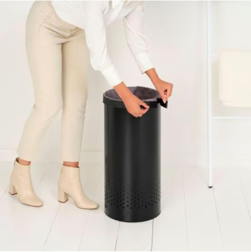 Brabantia Laundry Basket with Lid | 9 Gal Washing Hamper with Removable Cotton Bag & Quick-Drop Opening | Space-Saving Laundry Hamper | Matt Black