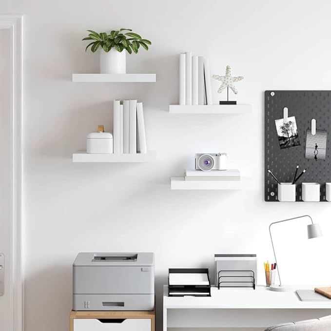 Floating Wall Shelves Set of 4, Modern Matte White Decorative Rectangular Wall Mounted Display Shelves for Living Room Bedroom Books Photos Storage