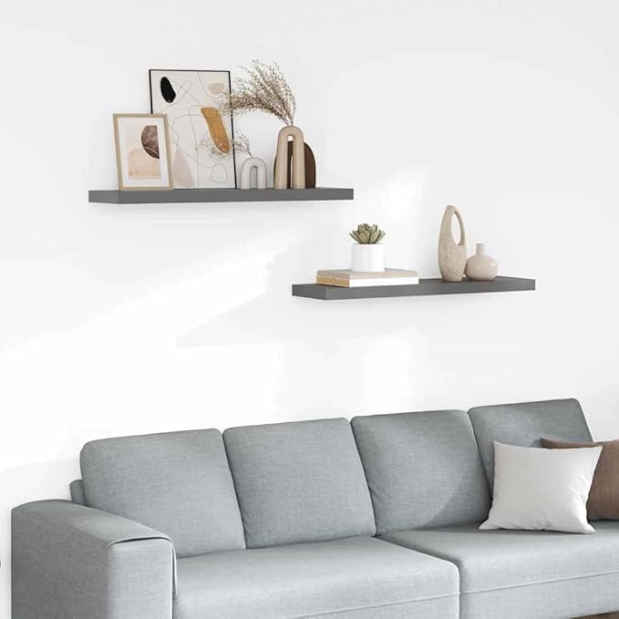 Floating Wall Shelves Set of 2, Modern High Gloss Gray Display Shelves 35.4 Inch, Invisible Mounting for Living Room Bedroom, Heavy Duty MDF Board for Books Decor Plants Photos Awards, Easy Install