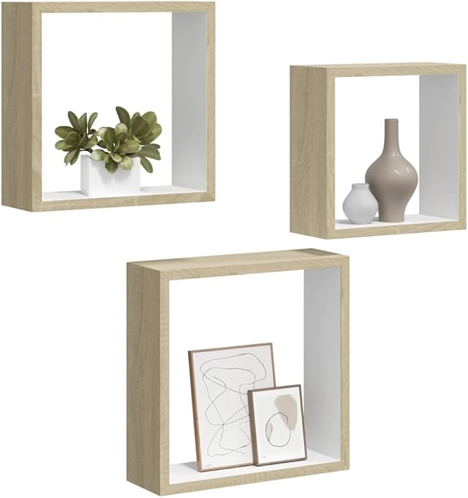 Wall Cube Shelf Set of 3, Floating Shelves for Bedroom Living Room, Modern Decorative MDF Shelves in White and Sonoma Oak, Space-Saving Wall Mounted Display Storage