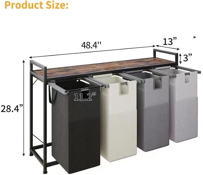 LIVEHOM Laundry Basket Four Laundry Hamper with Removable Bags, Fabric Handles, Large Top Shelf and Laundry Bag for Bathroom, Dorm, Laundry Room