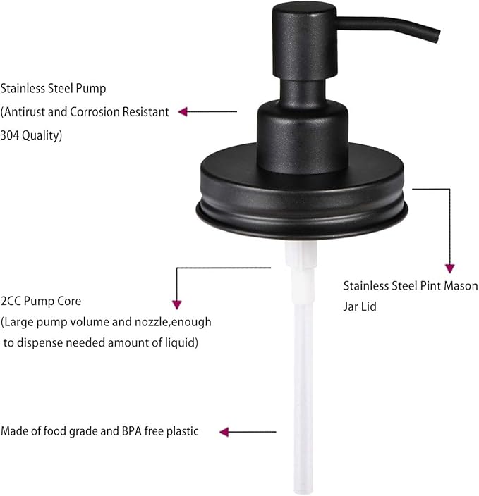 Amolliar Mason Jar Liquid Soap Dispenser Lid, 304 Stainless Steel Pump Lid for 16oz Regular Mouth Mason Jar, Rustic Farmhouse Decor, Hand Soap, Dish Soap, Lotion Soap, Black 6 Pack, Extra 3 Long Tubes