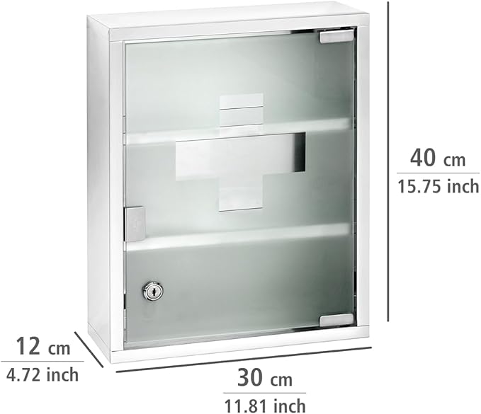 WENKO Medicine Cabinets with Lock, Wall Mounted Over The Toilet Storage Shelves, First Aid Bathroom Wall Cabinet with Safety Glass Door, Medium, 11.8 x 15.7 x 4.7 in, Silver Shiny