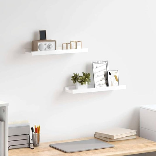 Wall Shelf Set of 2 Floating Shelves High Gloss White MDF Modern Display Ledge for Bedroom Living Room Bathroom Decor 15.7 Inch