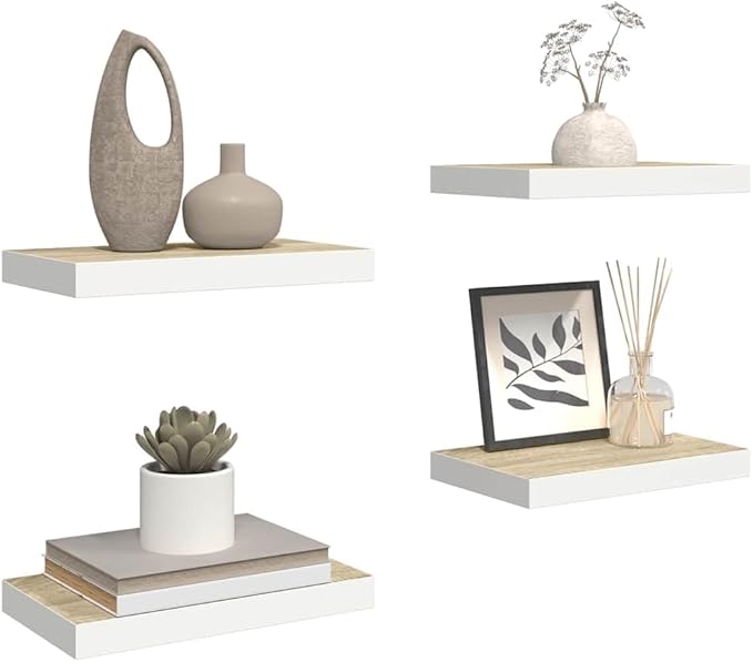 Wall Shelf Set of 4, Floating Shelves for Wall Storage, Modern Oak and White MDF Display Shelves for Living Room, Bedroom, and Office, 15.7 Inch