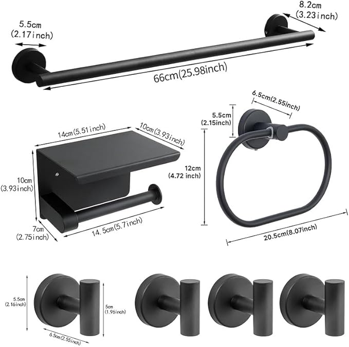 7-Piece Bathroom Hardware Accessories Set SUS304 Stainless Steel Towel Bar Set Wall Mounted 25.9-Inch Towel Rack, Towel Ring, Toilet Paper Holder with Shelf & 4 Hooks, Black