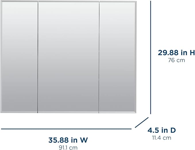 Zenith 29.75 in. W Beveled Tri-View Frameless Medicine Cabinet, Bathroom, White, Mirrored