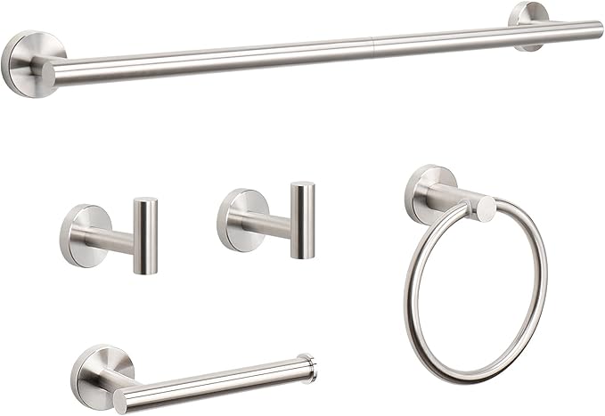 NearMoon 5 Pieces Bathroom Hardware Set SUS304 Thicken Stainless Steel-Towel Rack Kit Include 24" Towel Rod +Bath Towel Ring +Toilet Paper Holder +2 Robe Towel Hooks Bath Accessories (Nickel)