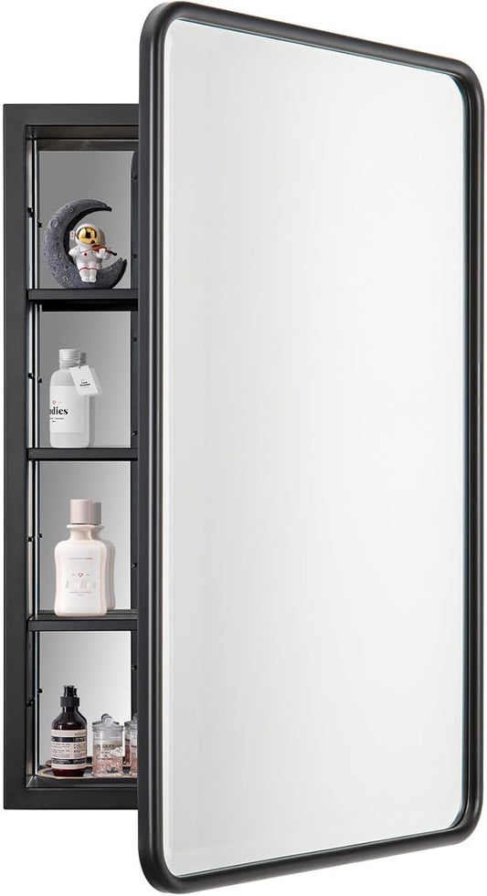 Black Bathroom Medicine Cabinet with Mirror 17 x 27 Metal Frame Recessed Or Wall Mounted Single Door Storage Medicine Cabinets with Adjustable Shelves Rounded Corner Beveled Mirrors